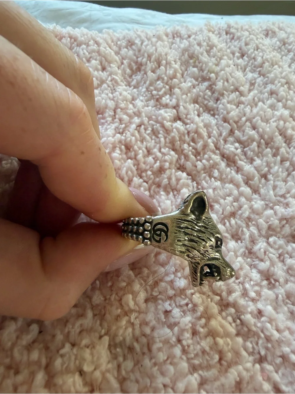 Gucci Silver Wolf Head Ring with Sun Motif